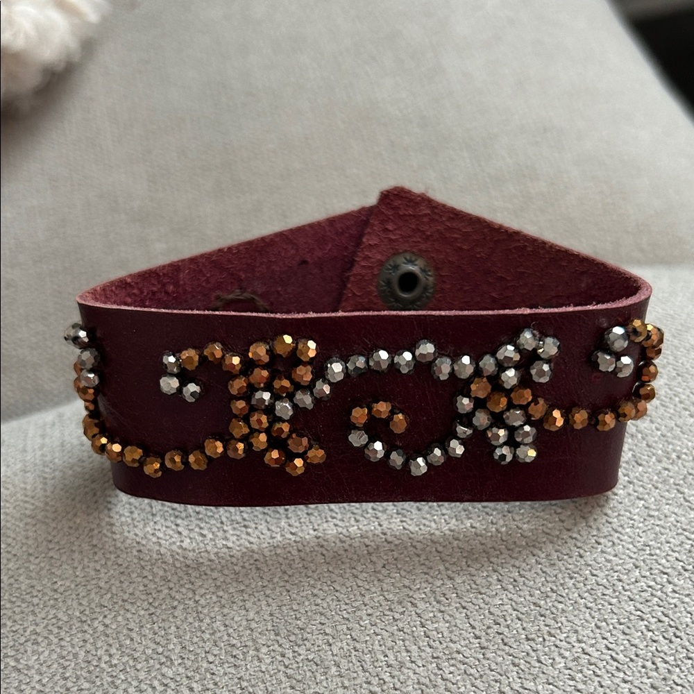 NEW LISTING! High End Boutique Piece! Elegant Leather Burgundy Crystal Bracelet